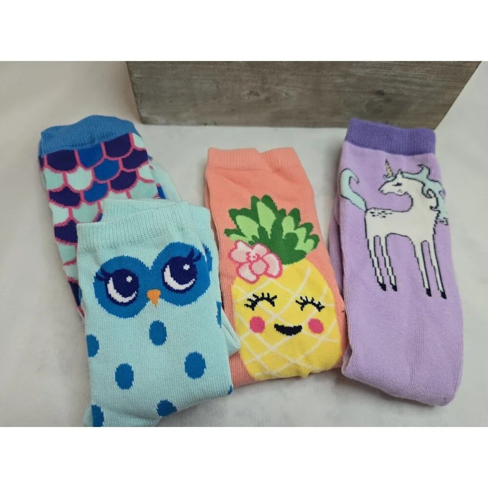 Lot of 4 Pairs Girls Crew Socks Owl Mermaid Unicorn Pineapple Medium New